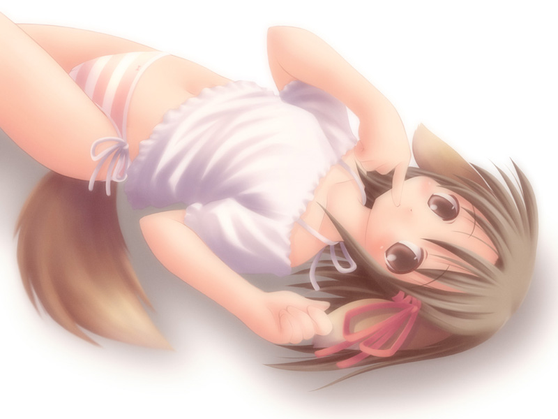 kurasawa makoto, original, 1girl, animal ears, bow, brown eyes, brown hair, dog ears, dog tail, female focus, finger to mouth, hair bow, hair ribbon, lying, on back, panties, ribbon, side-tie panties, solo, striped clothes, striped panties, tail, underwear