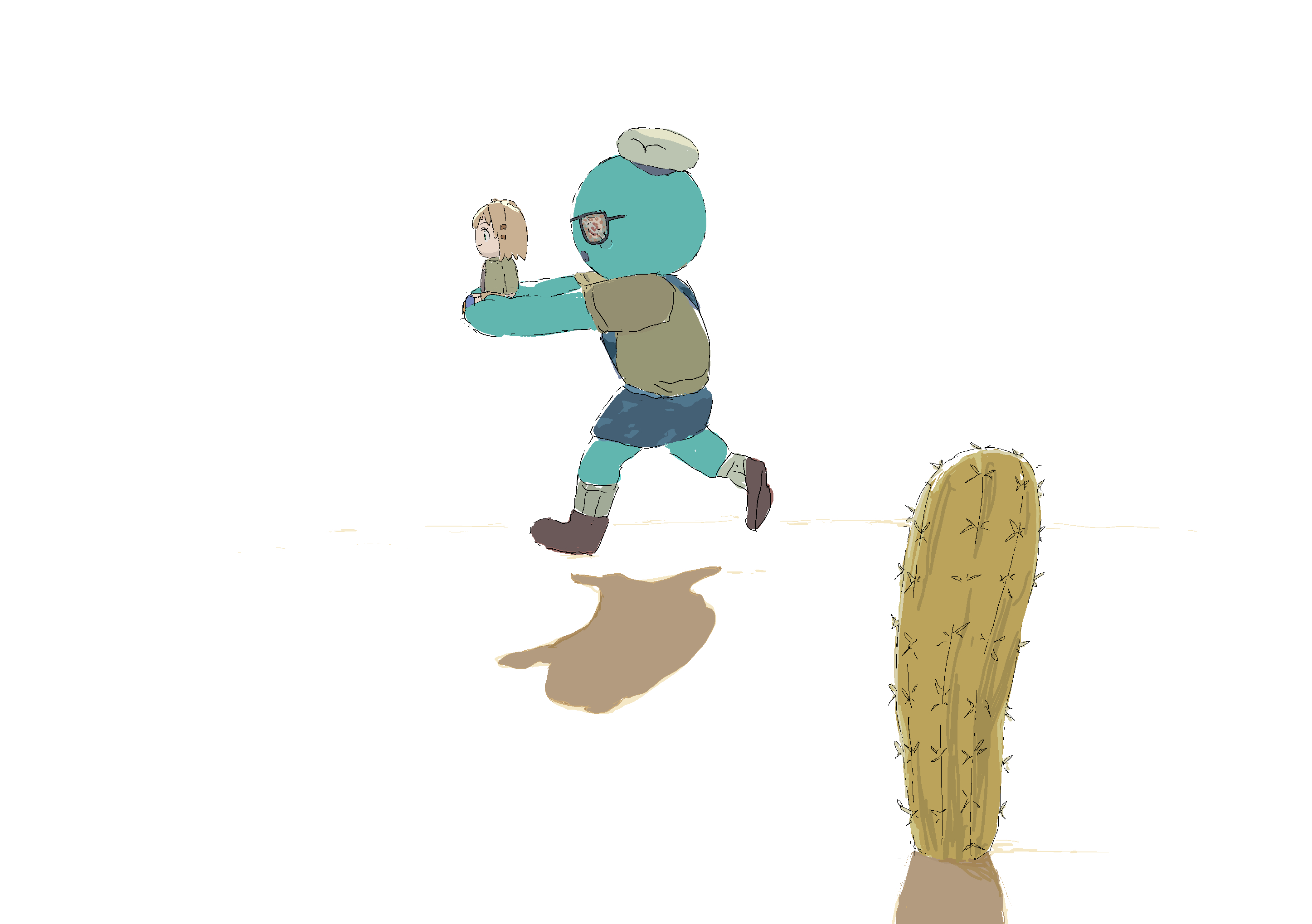 mmmkawaine, yukimura aoi, peak (game), yama no susume, highres, cactus, carrying, glasses, sailor, shadow, simple background, socks, walking, white background, white socks