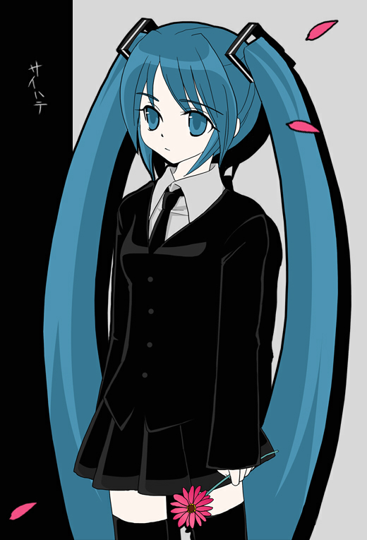 guu koshikaw, hatsune miku, vocaloid, 1girl, aqua hair, female focus, long hair, solo, thighhighs, twintails, very long hair