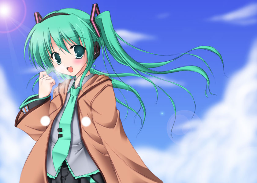 yoshiharu, hatsune miku, vocaloid, 1girl, :d, aqua hair, blurry, blush, bokeh, breath, cloud, collared shirt, day, depth of field, detached sleeves, female focus, floating hair, grey shirt, hair between eyes, hair ornament, headphones, jacket, long hair, long sleeves, looking at viewer, necktie, open mouth, shirt, skirt, sky, smile, solo, sun, tattoo, twintails