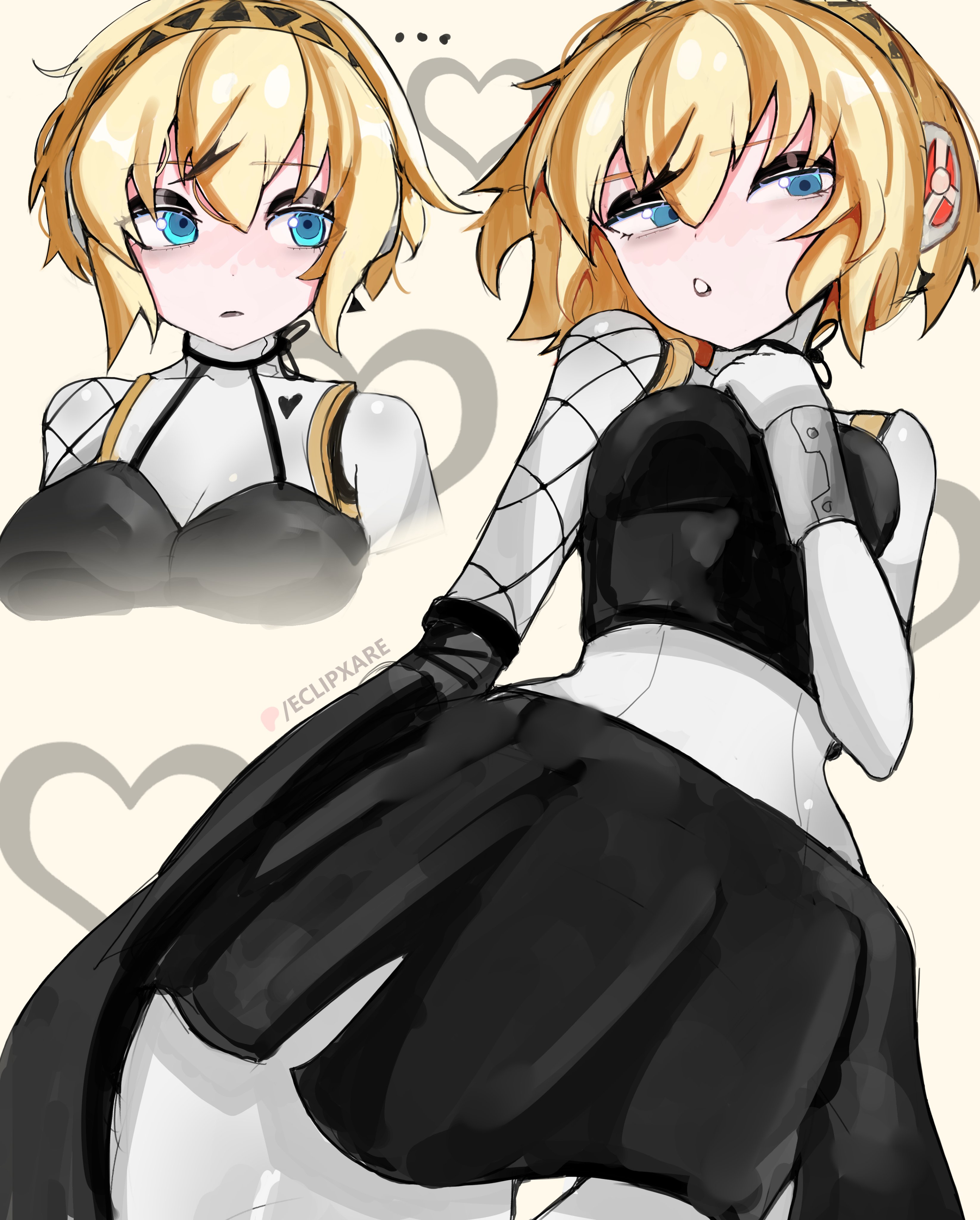 eclipxare, aigis (persona), persona, persona 3, absurdres, commentary, english commentary, highres, …, 1girl, asymmetrical sleeves, black ribbon, black shirt, black skirt, blonde hair, blue eyes, fishnet sleeves, fishnets, gold hairband, goth fashion, hairband, heart, heart tattoo, looking at viewer, looking to the side, messy hair, midriff, mismatched sleeves, multiple views, neck ribbon, parted lips, patreon username, ribbon, robot, robot girl, shirt, short hair, simple background, skirt, tattoo, thigh gap, thighs, white background