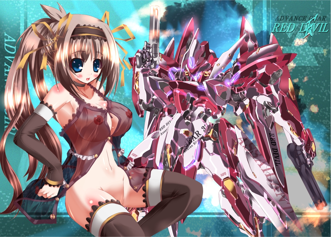 yoshimoto (dear life), original, 1girl, blue eyes, breasts, brown hair, female focus, large breasts, mecha, nipples, no panties, ponytail, robot, see-through clothes, solo, thighhighs