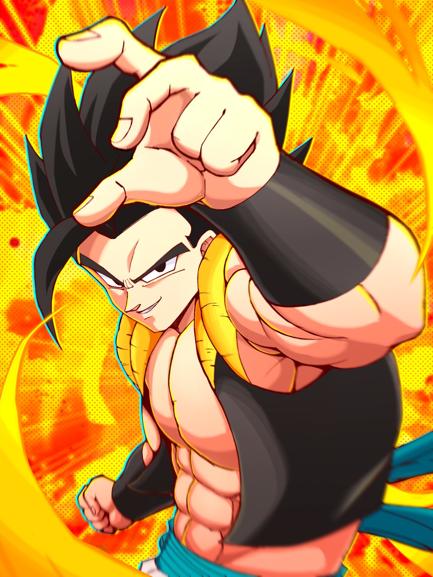 shin (mrgt2288), gogeta, dragon ball, dragon ball super, dragon ball super broly, highres, 1boy, abs, black eyes, black hair, black vest, clenched hand, cropped vest, fighting stance, looking at viewer, male focus, medium hair, metamoran vest, muscular, muscular male, orange background, parted lips, smirk, solo, spiked hair, upper body, vest
