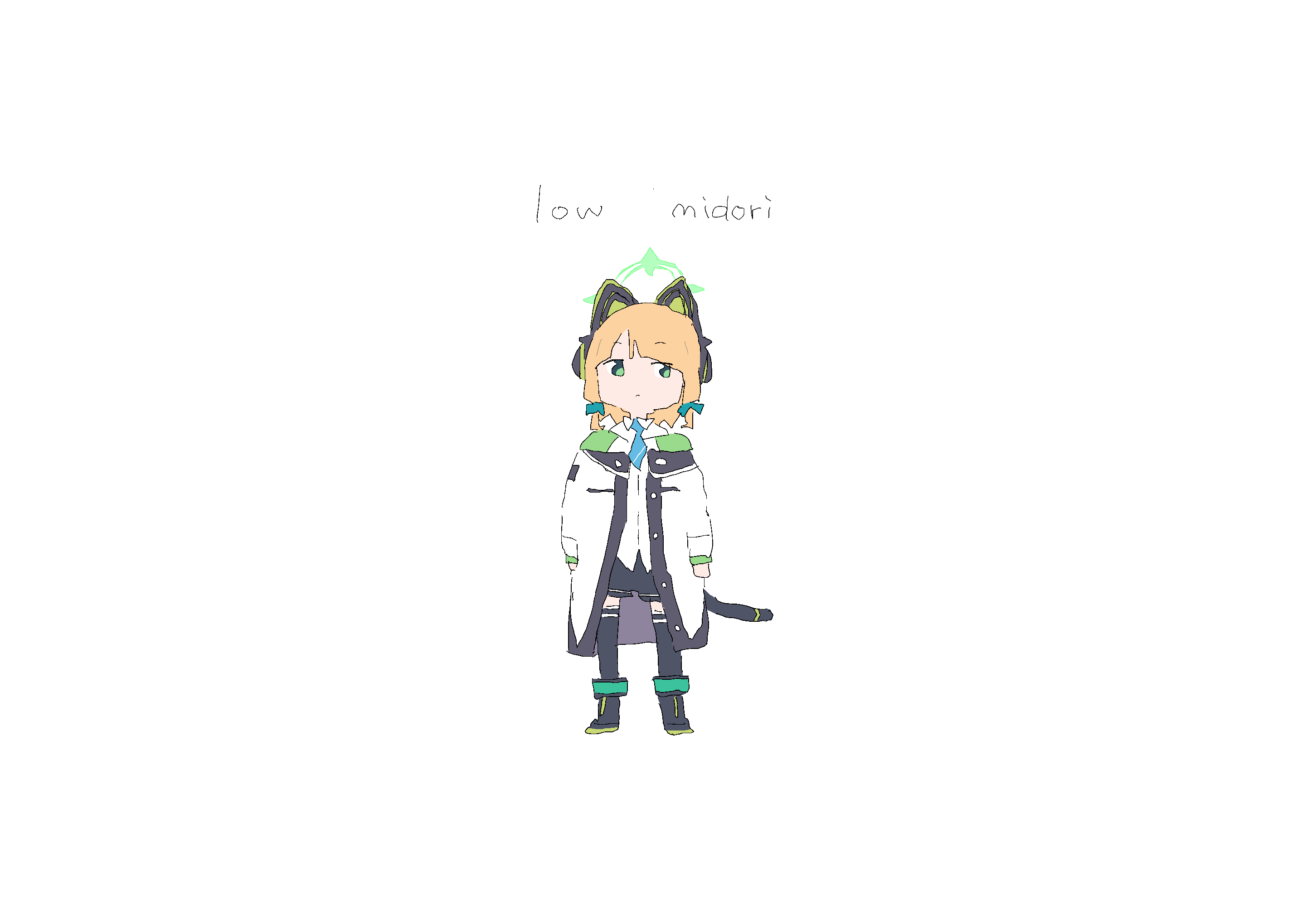 mmmkawaine, midori (blue archive), blue archive, highres, 1girl, animal ear headphones, animal ears, blonde hair, boots, cat ear headphones, fake animal ears, green eyes, headphones, jacket, necktie, negative space, simple background, solo, standing, tail, white background
