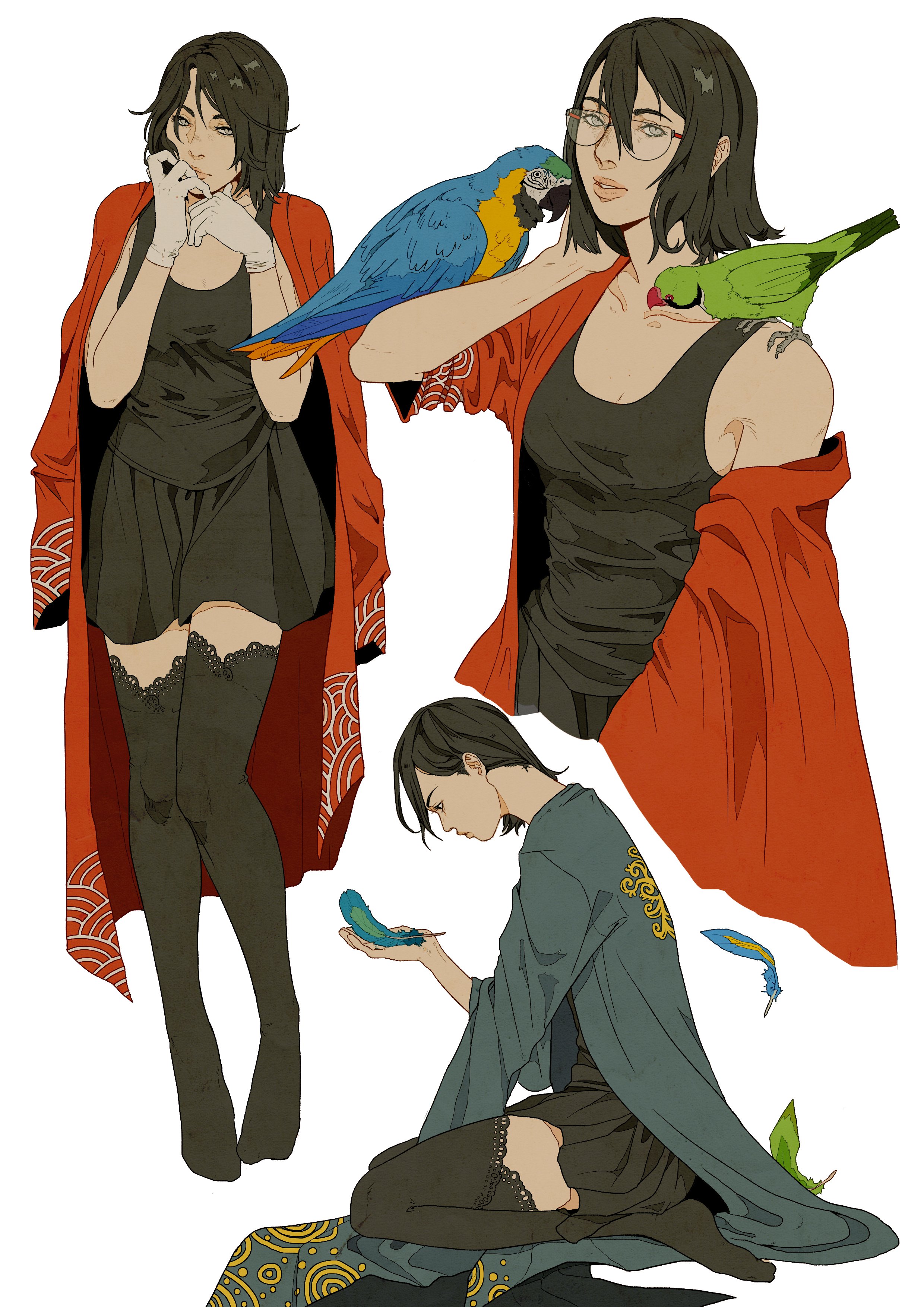 ionomycin, original, absurdres, highres, 1girl, animal, animal on arm, animal on shoulder, bird, bird on arm, bird on shoulder, black hair, black skirt, black tank top, black thighhighs, blue-and-yellow macaw, blue feathers, blue robe, closed mouth, collarbone, cropped torso, falling feathers, feathers, full body, glasses, gloves, green feathers, grey eyes, hair between eyes, lace, lace-trimmed thighhighs, lace trim, light smile, looking at object, macaw, multiple views, no shoes, parakeet, parrot, parted hair, parted lips, red robe, robe, rose-ringed parakeet, seiza, semi-circular eyewear, short hair, simple background, sitting, skirt, tank top, thighhighs, upper body, white background, white gloves