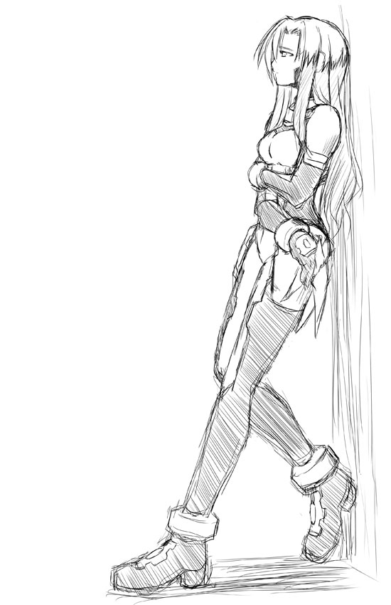 due (nanoha), numbers (nanoha), lyrical nanoha, mahou shoujo lyrical nanoha, mahou shoujo lyrical nanoha strikers, 00s, 1girl, ankle boots, bare shoulders, belt, belt pouch, bodysuit, boots, crossed arms, detached sleeves, female focus, from side, full body, garter straps, greyscale, long sleeves, monochrome, pocket, pouch, simple background, solo, standing, thighhighs, white background