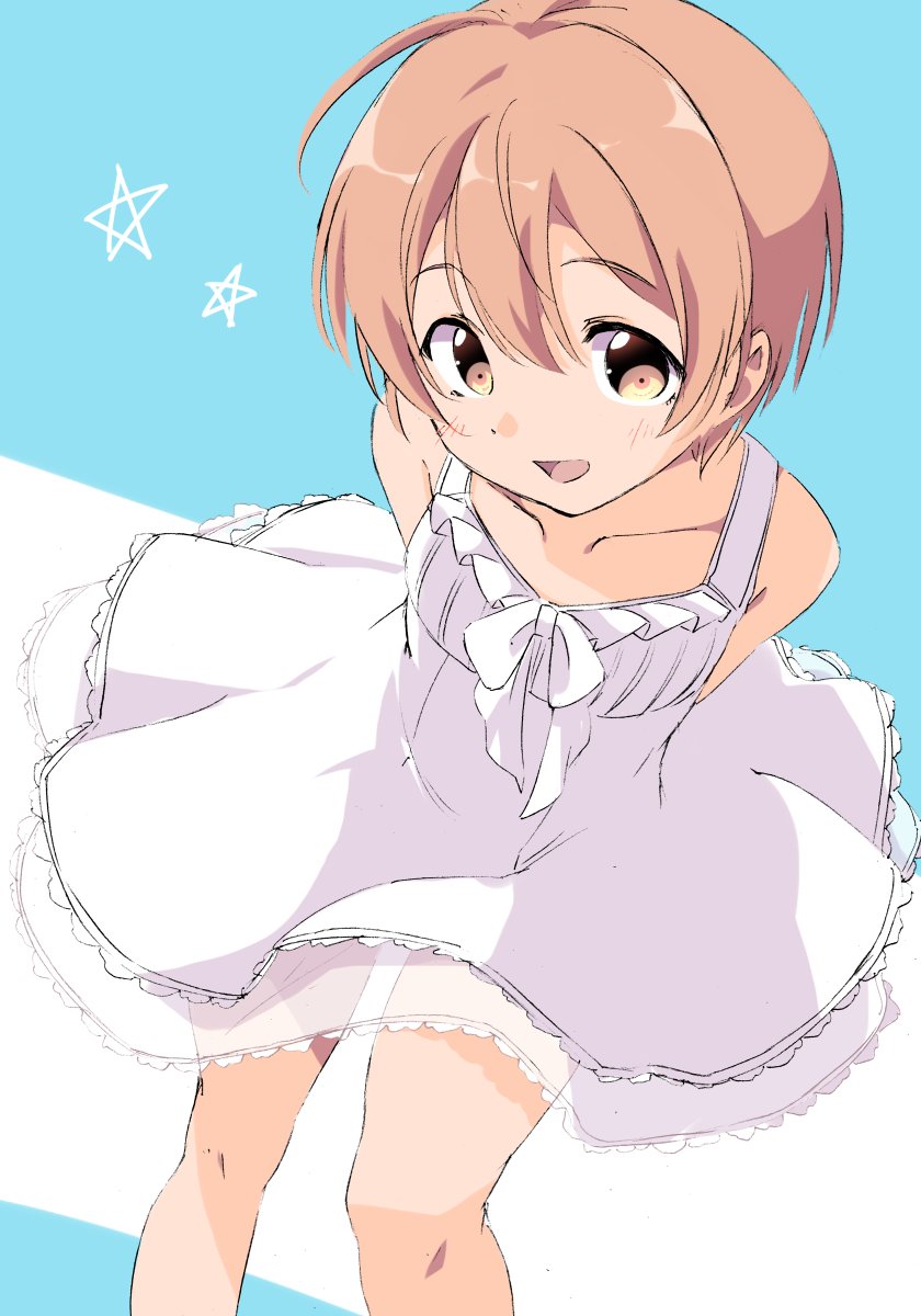sen (sen0910), hoshizora rin, love live!, love live! school idol project, highres, 1girl, arms behind back, collarbone, dress, leaning forward, looking at viewer, open mouth, orange hair, short hair, sleeveless, sleeveless dress, smile, solo, standing, star (symbol), white dress, yellow eyes