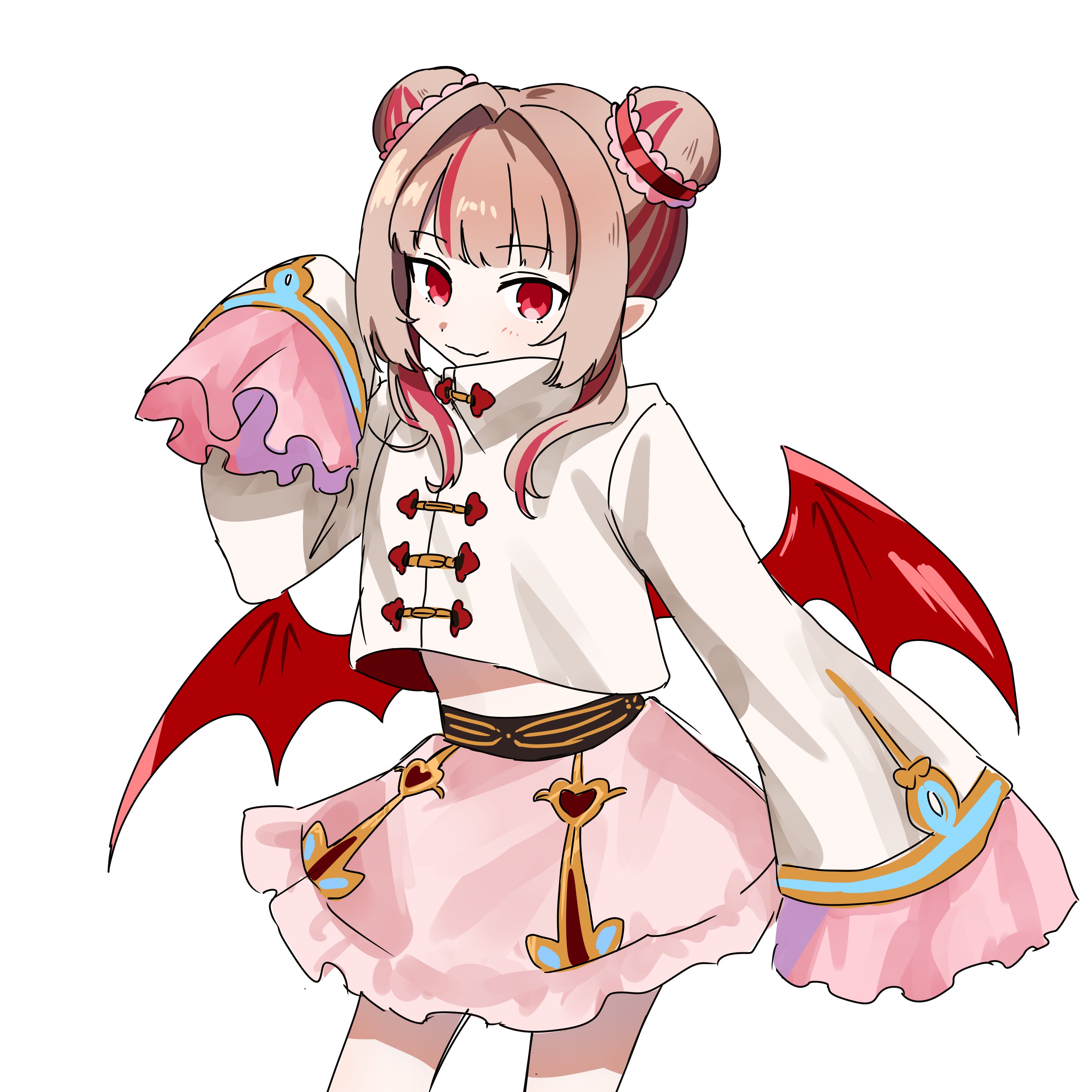 makaino ririmu, nijisanji, absurdres, highres, 1girl, aa9ku, blunt bangs, blush, chinese clothes, closed mouth, colored inner hair, cowboy shot, crop top, crop top overhang, cropped jacket, demon wings, double bun, frilled skirt, frilled sleeves, frills, grey hair, hair bun, hair intakes, hair over shoulder, hand up, jacket, long hair, long sleeves, looking at viewer, low wings, midriff, miniskirt, multicolored hair, official alternate costume, official alternate hairstyle, pink frills, pink hair, pink skirt, pointy ears, red eyes, red wings, sidelocks, simple background, skirt, sleeves past fingers, sleeves past wrists, smile, solo, streaked hair, virtual youtuber, white background, white jacket, wings