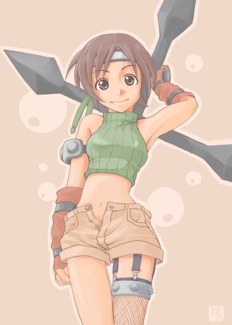bonoramo, ninja (final fantasy), yuffie kisaragi, final fantasy, final fantasy vii, 1990s (style), 1girl, bare shoulders, brown hair, female focus, fishnets, headband, midriff, ninja, open fly, retro artstyle, short hair, shuriken, sleeveless, sleeveless turtleneck, solo, turtleneck, unzipped, weapon