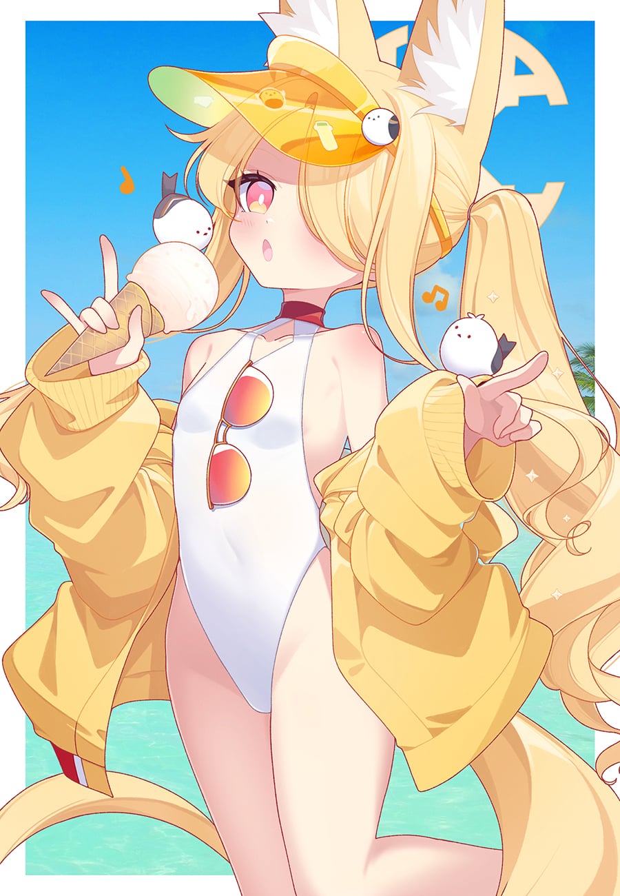 eskimofox, seia (blue archive), seia (swimsuit) (blue archive), blue archive, commentary, hashtag-only commentary, highres, 1girl, :o, animal ear fluff, animal ears, bare legs, bare shoulders, bird, bird on hand, blonde hair, blue sky, blush, breasts, clear sky, collarbone, covered navel, cross halo, day, diamond cutout, dot nose, eyewear hang, feet out of frame, food, fox ears, fox girl, fox tail, hair over one eye, halo, hands up, highleg, highleg one-piece swimsuit, holding, holding food, holding ice cream, holding ice cream cone, ice cream, ice cream cone, jacket, leg up, loli, long hair, long sleeves, looking at viewer, musical note, off shoulder, official alternate costume, one-piece swimsuit, one eye covered, open mouth, orange visor, outdoors, pink eyes, semi-rimless eyewear, side ponytail, sky, small breasts, solo, standing, sunglasses, swimsuit, tail, thighs, tinted eyewear, tit (bird), unworn eyewear, very long hair, very long tail, visor cap, w, white one-piece swimsuit, yellow halo, yellow jacket, yellow visor