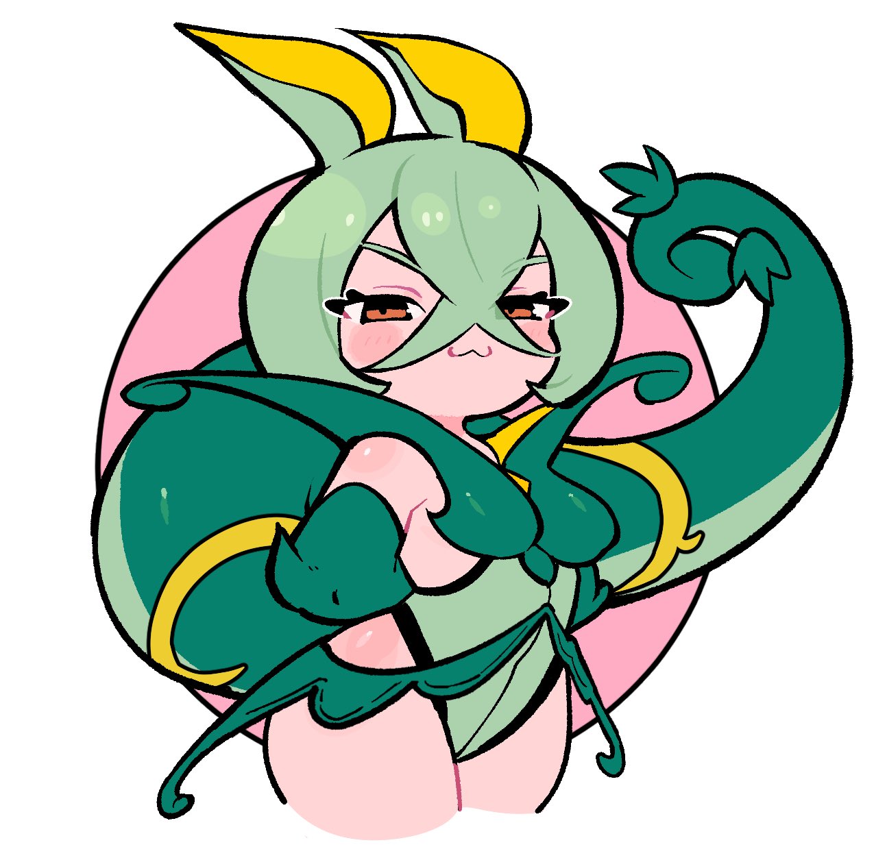 hacco mayu, serperior, nintendo, pokemon, highres, 1girl, :3, animal ears, arms behind back, breasts, chibi, chibi only, crossed bangs, elbow gloves, gen 5 pokemon, gloves, green gloves, green hair, green leotard, half-closed eyes, high collar, leotard, looking at viewer, personification, red eyes, short hair, smile, snake tail, solo, tail