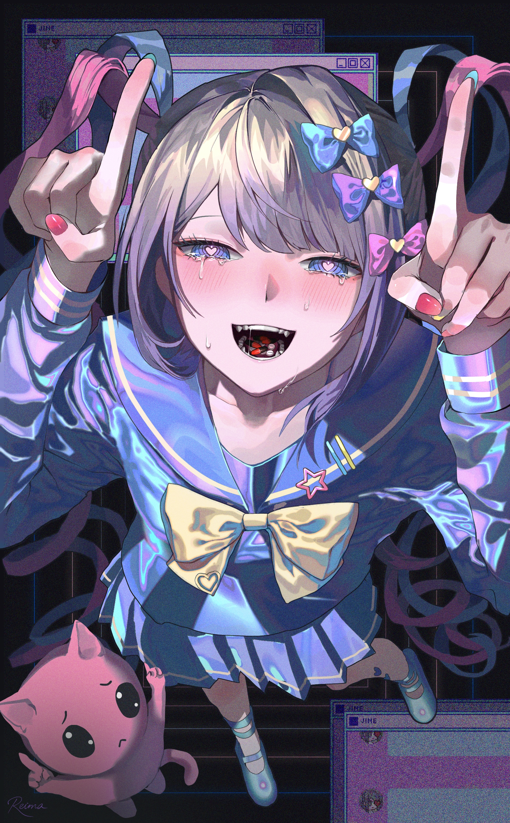 mareru, chouzetsusaikawa tenshi-chan, needy girl overdose, absurdres, highres, 1girl, blonde hair, blue bow, blue eyes, blue sailor collar, blue serafuku, blue shirt, blue shoes, blue skirt, blush, bow, hair bow, heart, heart-shaped eyes, holographic clothing, long sleeves, looking at viewer, multicolored hair, multicolored nails, multiple hair bows, open mouth, pin, pink bow, purple bow, sailor collar, school uniform, serafuku, shirt, shoes, skirt, solo, tears, twintails, yellow bow