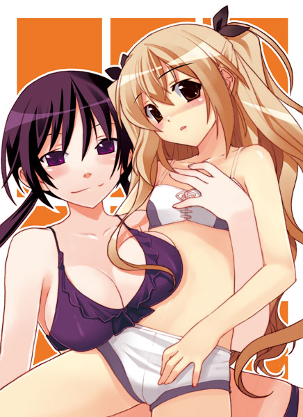 himukai kyousuke, hinata kyousuke, miyama ai, saotome tsukasa, sugar+spice!, sugar + spice, 2girls, blonde hair, blush, bra, breasts, cleavage, flat chest, hair ribbon, hug, large breasts, lingerie, long hair, multiple girls, panties, pink eyes, purple bra, purple eyes, purple hair, ribbon, smile, twintails, underwear, underwear only, white bra, white panties, yuri