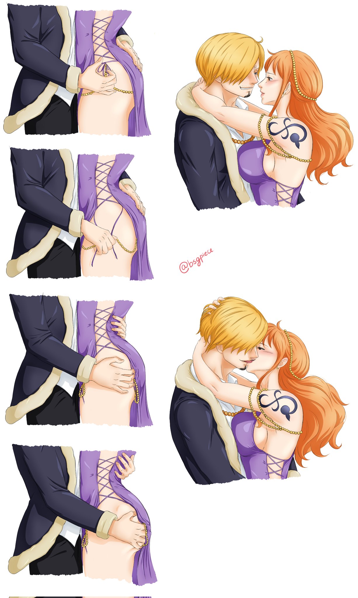 bsgpiece, nami (one piece), sanji (one piece), one piece, highres, blonde hair, curly eyebrows, dress, facial hair, grabbing another's ass, groping, jacket, kiss, mustache stubble, open clothes, open jacket, orange hair, purple dress, shoulder tattoo, stubble, tattoo