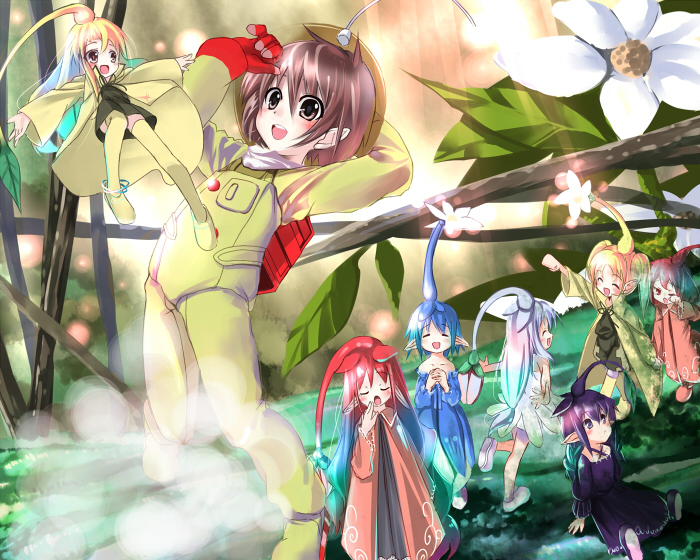 sho (runatic moon), captain olimar, olimar, nintendo, pikmin (series), 6+girls, cosplay, multiple girls, olimar (cosplay), parody, personification, pikmin (creature)