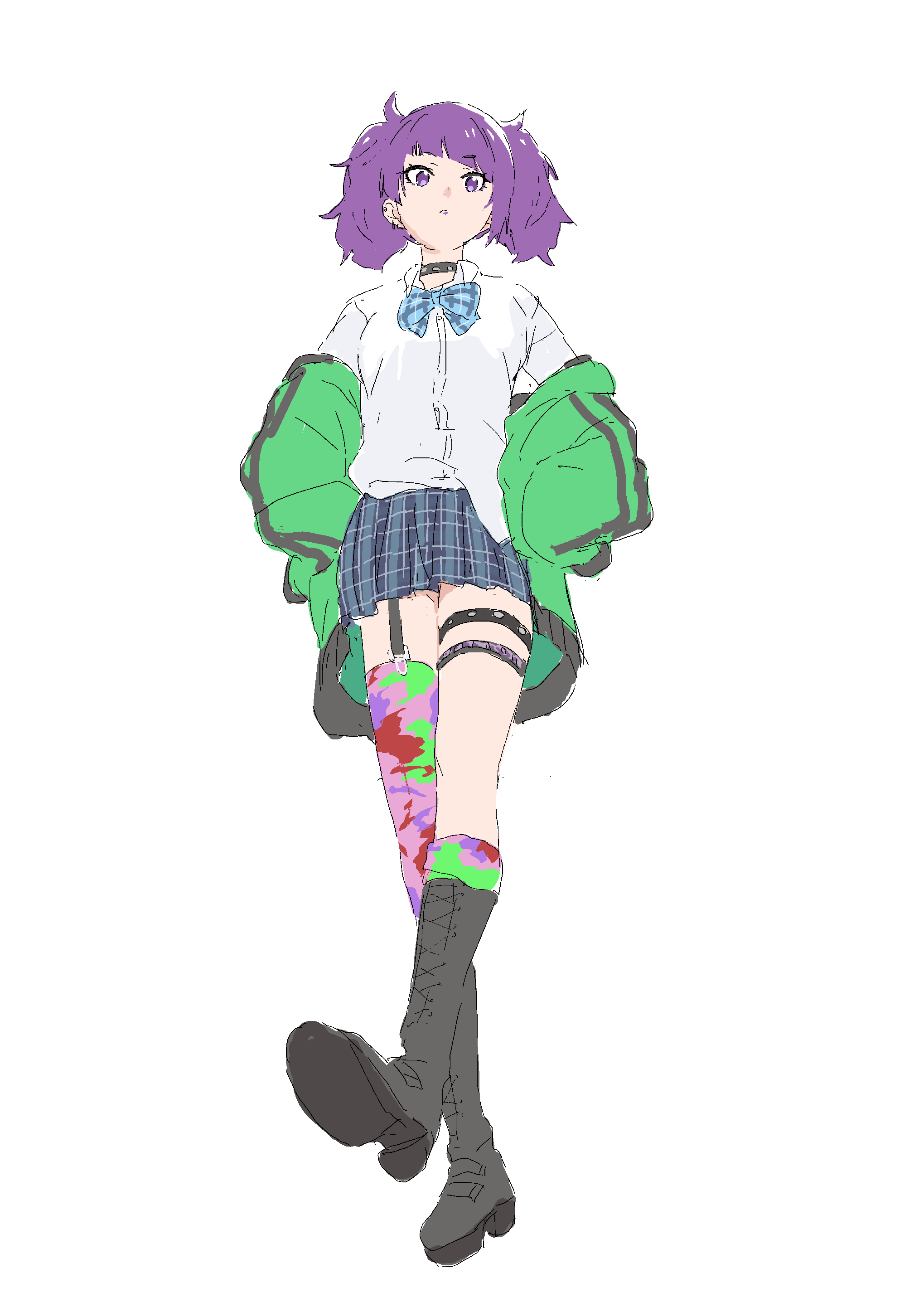mmmkawaine, tanaka mamimi, idolmaster, idolmaster shiny colors, absurdres, highres, black boots, boots, knee boots, purple eyes, purple hair, ribbon, school uniform, simple background, skirt, thigh strap, thighhighs, white background