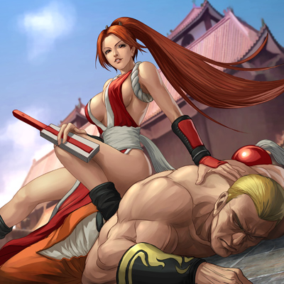 geese howard, shiranui mai, fatal fury, snk, the king of fighters, lowres, 1boy, 1girl, battle, breasts, gloves, long hair, pelvic curtain, revealing clothes