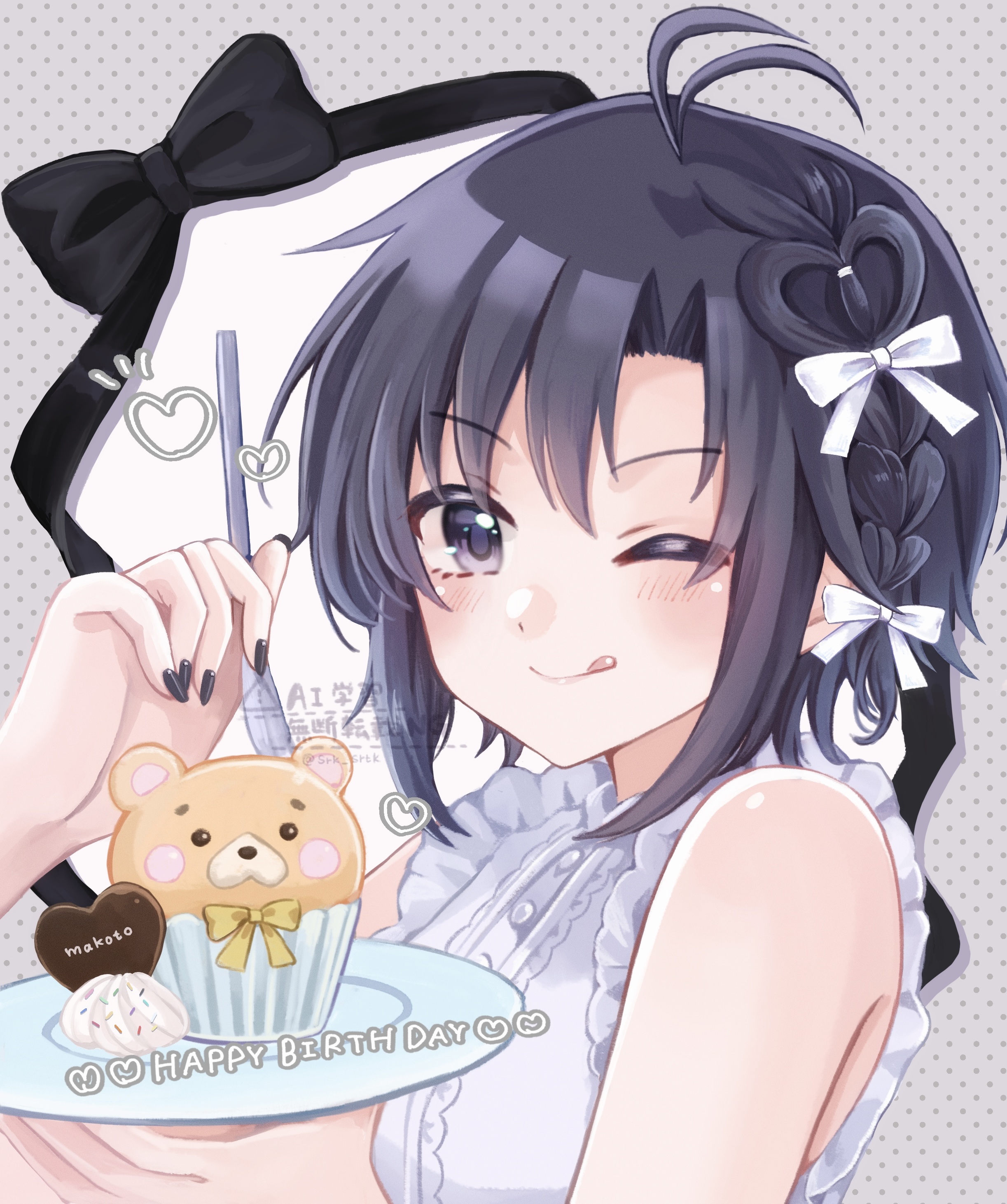 shirako (srk srtk), kikuchi makoto, idolmaster, idolmaster (classic), absurdres, highres, 1girl, ;q, antenna hair, birthday, black hair, black nails, bow, braid, character name, closed mouth, cupcake, fingernails, food, fork, hair bow, happy birthday, heart, holding, holding fork, holding plate, long fingernails, looking at viewer, multiple hair bows, nail polish, one eye closed, plate, short hair, sleeveless, smile, solo, tongue, tongue out, upper body, watermark, white bow