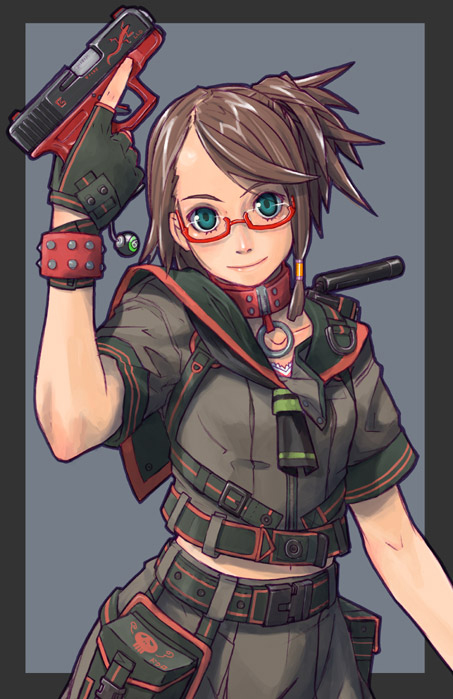 negishi hideto, original, 1girl, collar, female focus, glasses, glock, green eyes, gun, handgun, pistol, solo, trigger discipline, weapon
