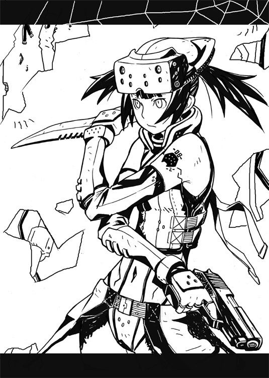 negishi hideto, original, 1girl, female focus, finger on trigger, greyscale, gun, handgun, knife, monochrome, pistol, reverse grip, solo, weapon