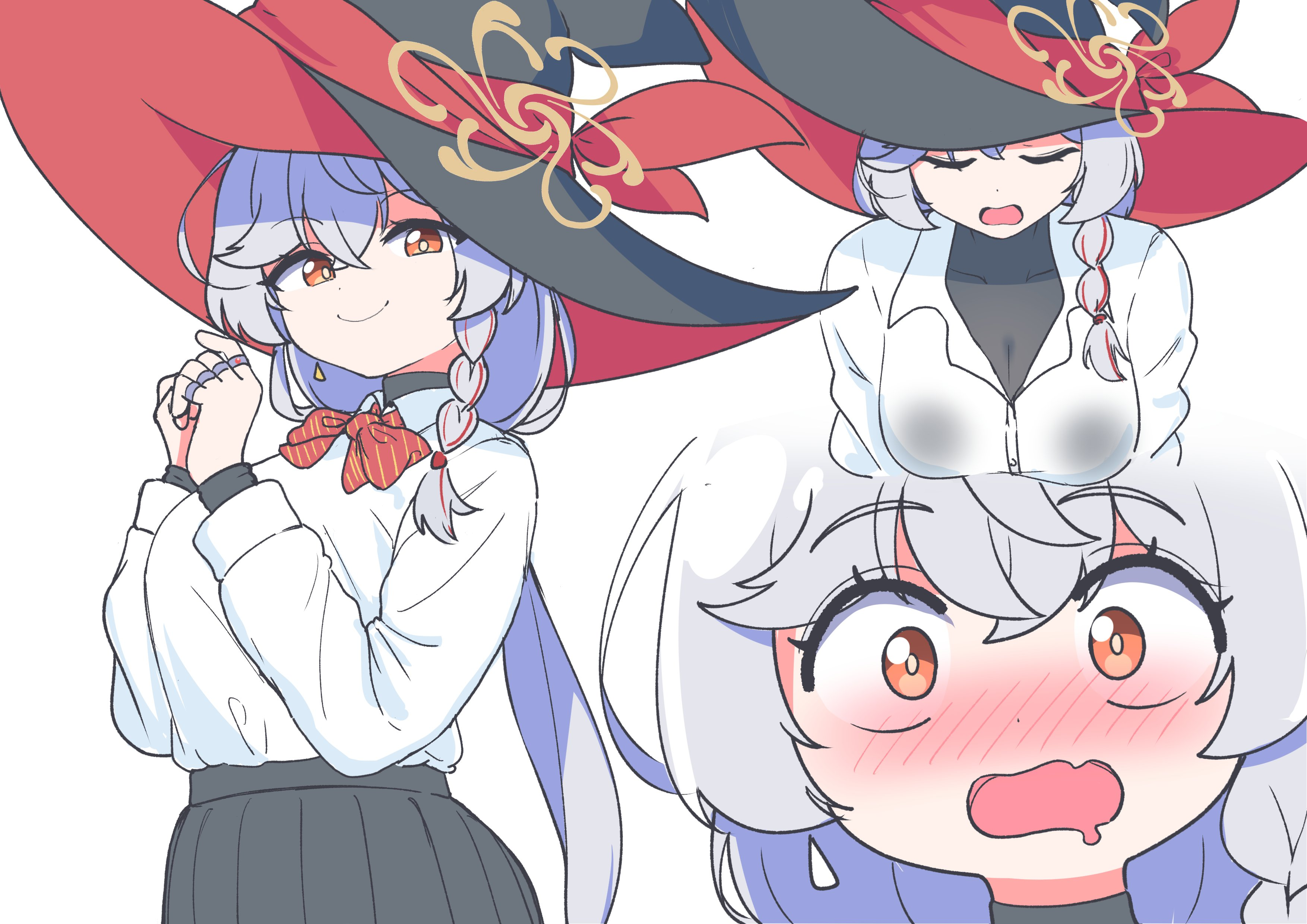 hrna, eri (blue archive), blue archive, blush, bow, bowtie, braid, earrings, halo, hat, jewelry, long hair, open mouth, orange eyes, ring, saliva, shirt, skirt, sweater, white hair, witch hat