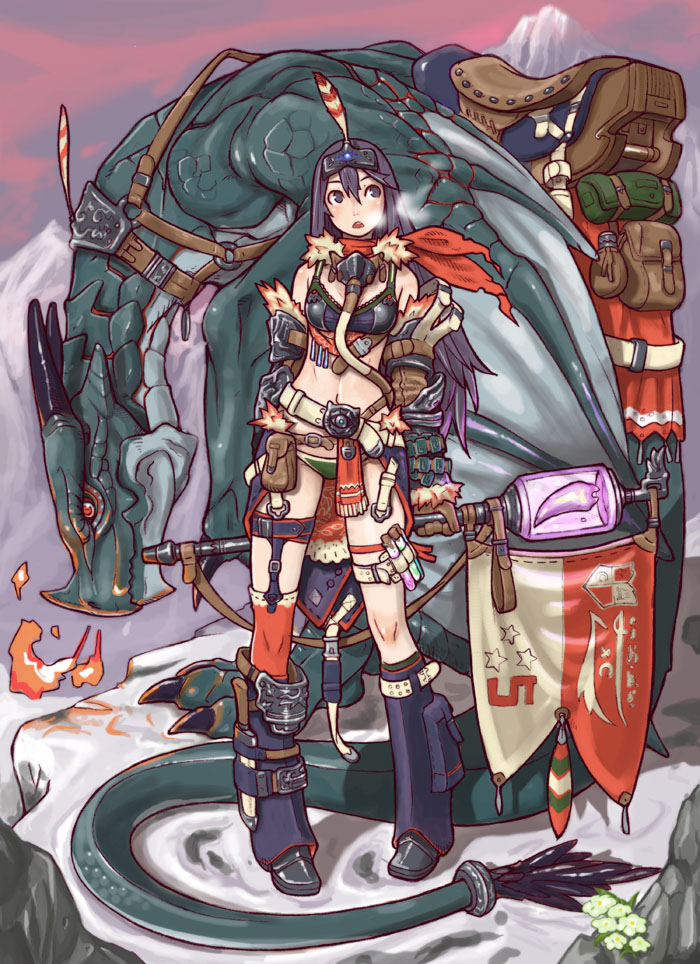 negishi hideto, original, 1girl, :o, arm guards, armor, armored boots, back, belt, belt pouch, black boots, black hair, blue eyes, blush, boots, breastplate, breath, brooch, brown gloves, buckle, chestnut mouth, dragon, elbow gloves, fang, feathers, female focus, flower, full body, fur trim, garter straps, gas mask, gem, gloves, gradient hair, green panties, headpiece, holster, horns, hose, jewelry, knee boots, liquid, long hair, mask, midriff, monster, mountain, multicolored hair, navel, open mouth, panties, pocket, pouch, purple hair, red eyes, red scarf, red thighhighs, rock, saddle, scales, scarf, single thighhigh, solo, staff, standing, stomach, tassel, test tube, thigh holster, thigh strap, thighhighs, tooth, underwear, very long hair, wand, weapon