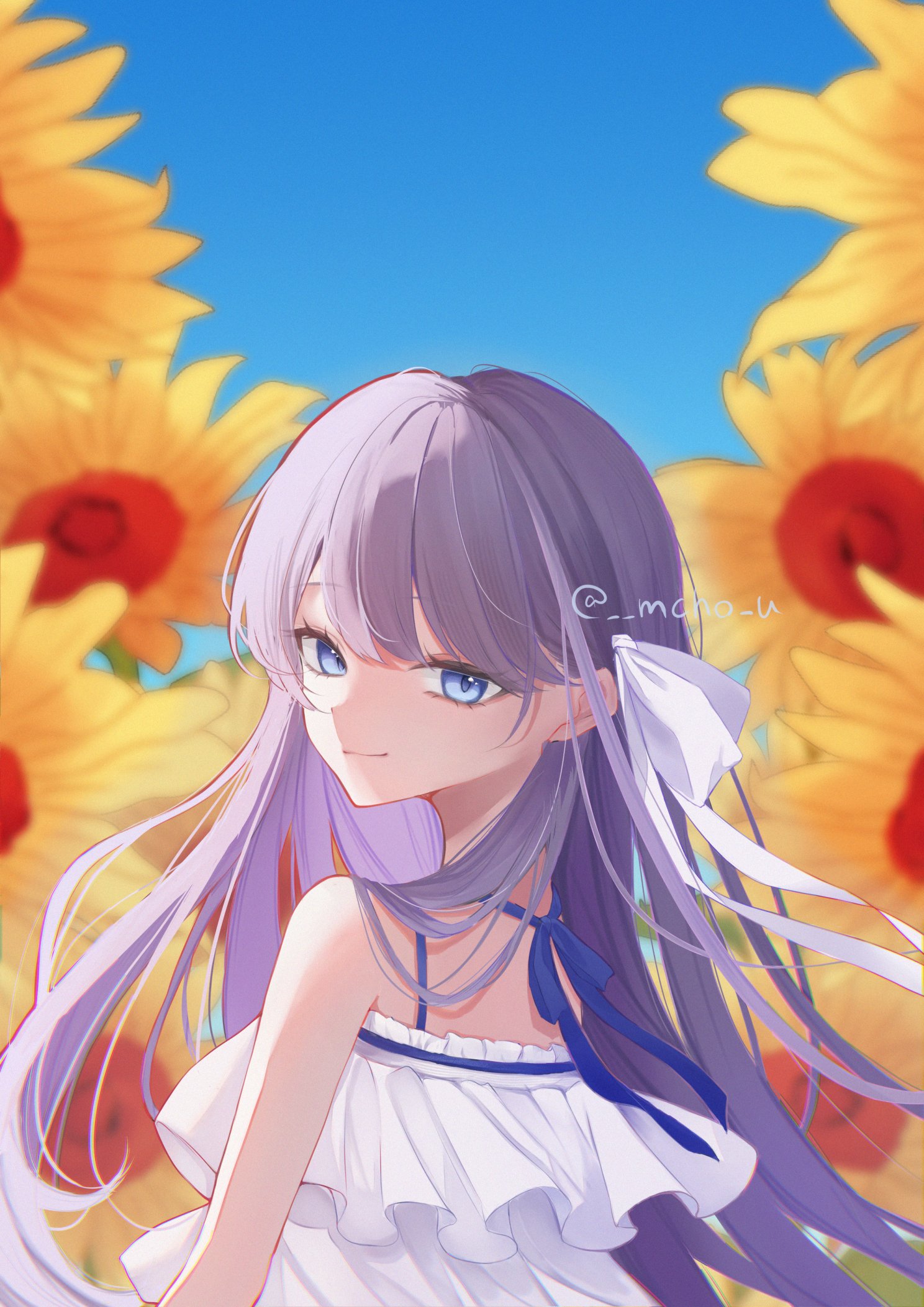 mcho u, meltryllis (fate), fate/grand order, fate (series), highres, 1girl, bare shoulders, blue eyes, dress, flower, frilled dress, frills, long hair, looking at viewer, purple hair, ribbon, sleeveless, sleeveless dress, smile, sunflower, white dress, white ribbon