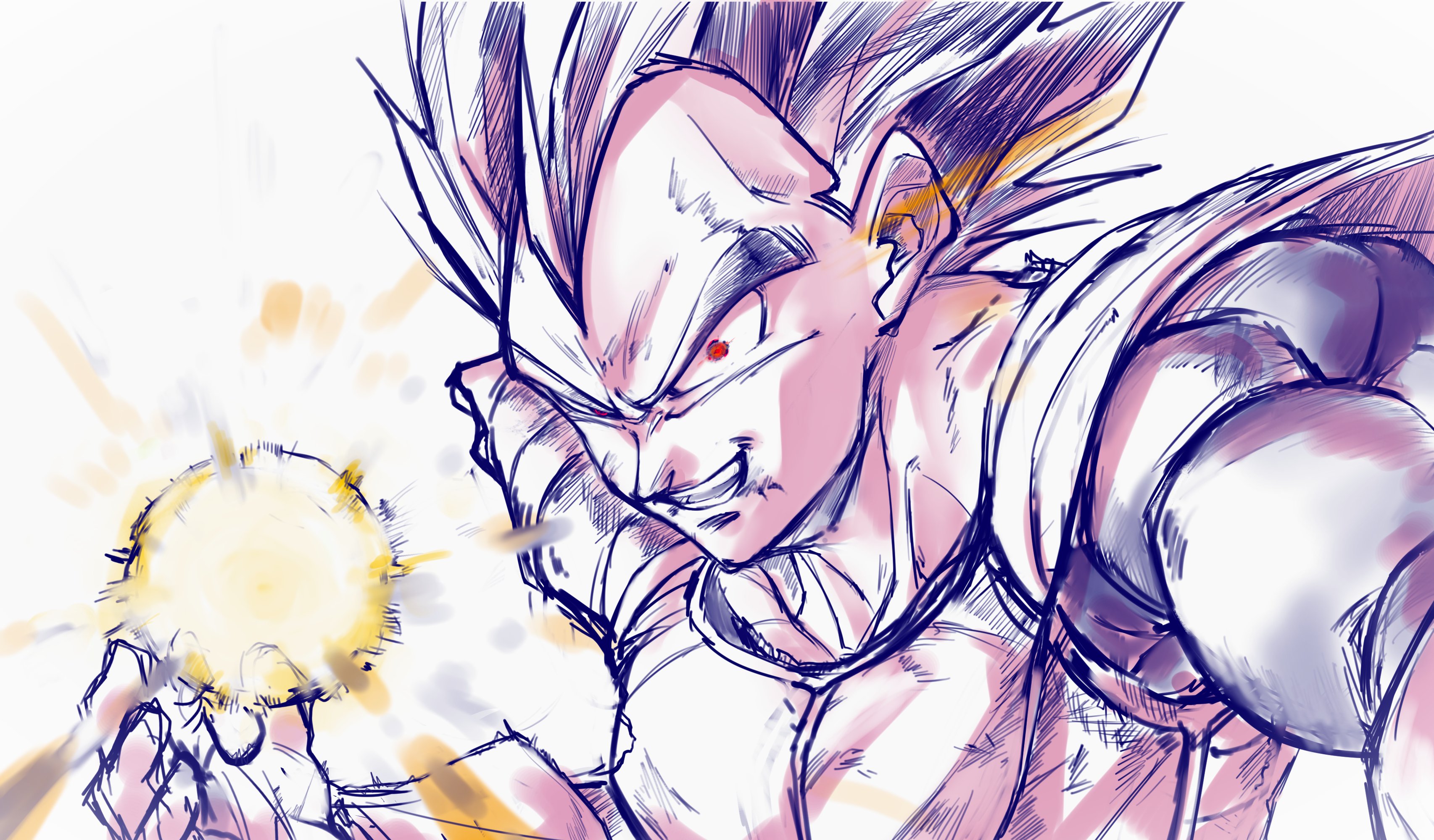ota ta999, vegeta, dragon ball, dragonball z, absurdres, highres, 1boy, battle damage, black hair, energy ball, male focus, red eyes, saiyan armor, smirk, solo, upper body
