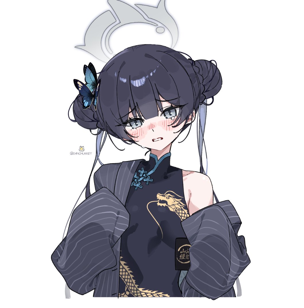 dandandanholo, kisaki (blue archive), blue archive, 1girl, black dress, black hair, blue butterfly, blunt bangs, blush, bug, butterfly, butterfly hair ornament, chinese clothes, coat, double bun, dragon print, dress, grey coat, grey halo, hair bun, hair ornament, halo, insect, off shoulder, pinstripe coat, pinstripe pattern, print dress, single off shoulder, sleeves past wrists, tearing up, tears