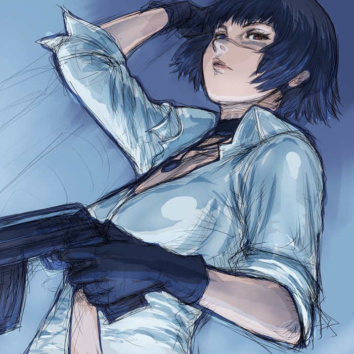 fumio (rsqkr), lady (devil may cry), capcom, devil may cry (series), 00s, 1girl, black hair, female focus, gloves, gun, heterochromia, jewelry, midriff, necklace, scar, scar on face, scar on nose, short hair, sketch, solo, weapon