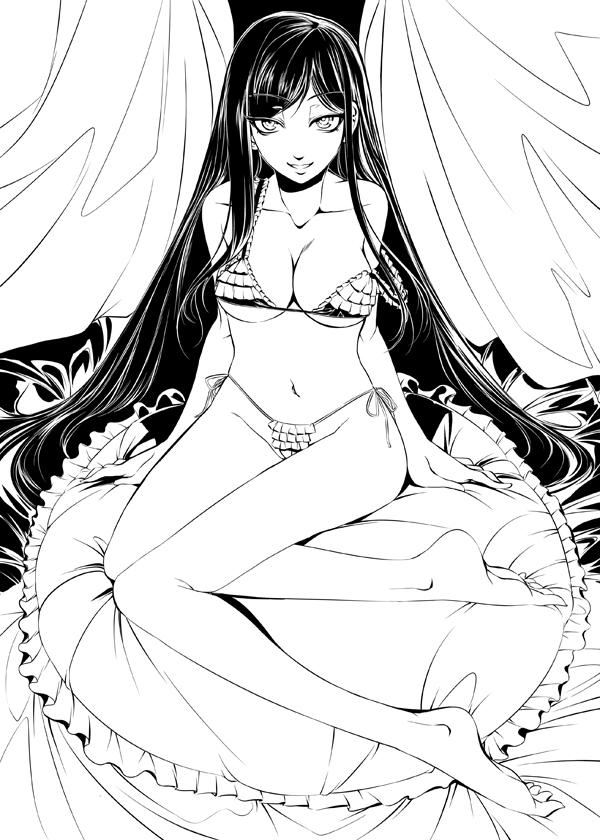 mizuryu kei, ogasawara sachiko, maria-sama ga miteru, 00s, 1girl, artistic error, barefoot, bikini, breasts, cleavage, feet, female focus, greyscale, large breasts, long hair, long legs, micro bikini, monochrome, side-tie bikini bottom, sitting, smile, solo, swimsuit, underboob, very long hair
