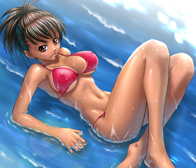 kagami hirotaka, original, 1girl, bikini, breasts, cleavage, covered erect nipples, female focus, ponytail, sideboob, solo, swimsuit, tan, underboob, water
