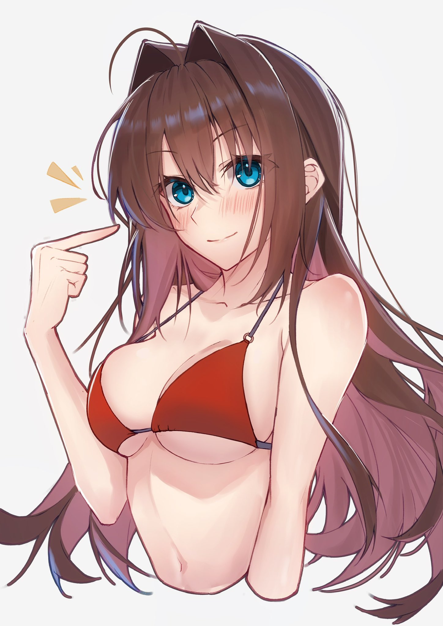 toomishou, aozaki aoko, mahou tsukai no yoru, type-moon, commentary, highres, 1girl, bare shoulders, bikini, blue eyes, breasts, brown hair, large breasts, long hair, looking at viewer, navel, pointing, pointing at self, red bikini, smile, swimsuit