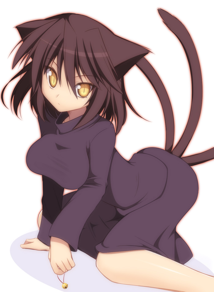 hoppege, koma (asagiri no miko), asagiri no miko, 00s, 1girl, animal ears, bell, black hair, breasts, cat ears, cat tail, female focus, huge breasts, jingle bell, large breasts, solo, tail, yellow eyes