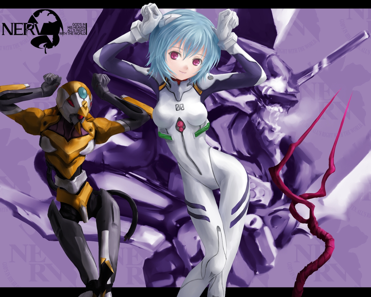 phase, ayanami rei, eva 00, eva 01, neon genesis evangelion, popotan, bad id, bad pixiv id, bident, blue hair, caramelldansen, lance, lance of longinus (evangelion), mecha pilot suit, parody, plugsuit (evangelion), polearm, red eyes, short hair, spear, weapon