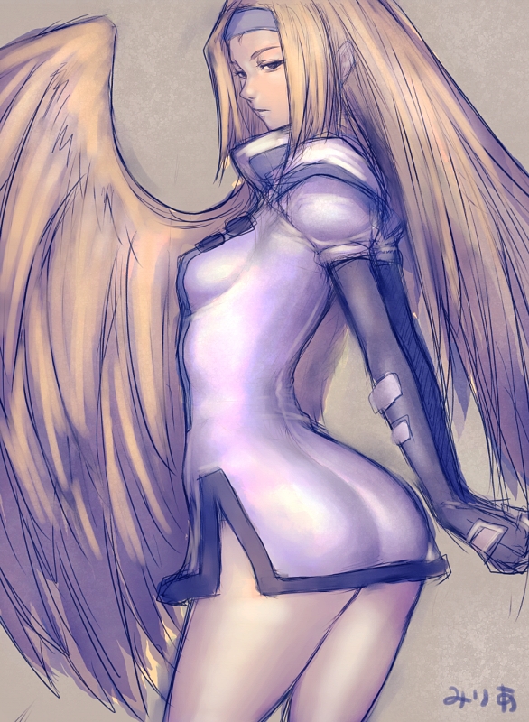 fumio (rsqkr), millia rage, arc system works, guilty gear, 1girl, angel wings, ass, blonde hair, dress, elbow gloves, female focus, fingerless gloves, gloves, hairband, long hair, looking back, short dress, signature, solo, wings