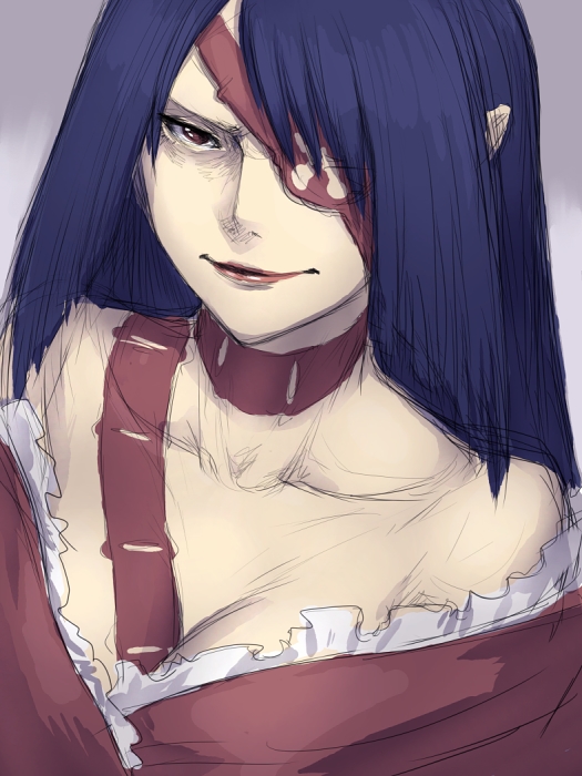 fumio (rsqkr), adiane, tengen toppa gurren lagann, 00s, 1girl, bare shoulders, blue hair, breasts, cleavage, dress, eyepatch, female focus, frills, large breasts, lipstick, long hair, makeup, solo, tattoo