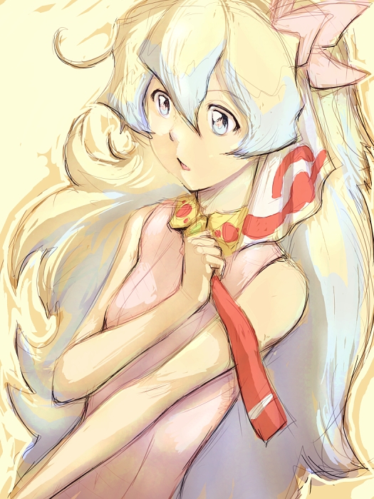 fumio (rsqkr), nia teppelin, tengen toppa gurren lagann, striped, + +, 00s, 1girl, :o, bare shoulders, blonde hair, blue hair, collar, cross-shaped pupils, dress, female focus, gem, long hair, parted lips, pink dress, purple eyes, solo, symbol-shaped pupils, two-tone background, upper body, vertical stripes, very long hair
