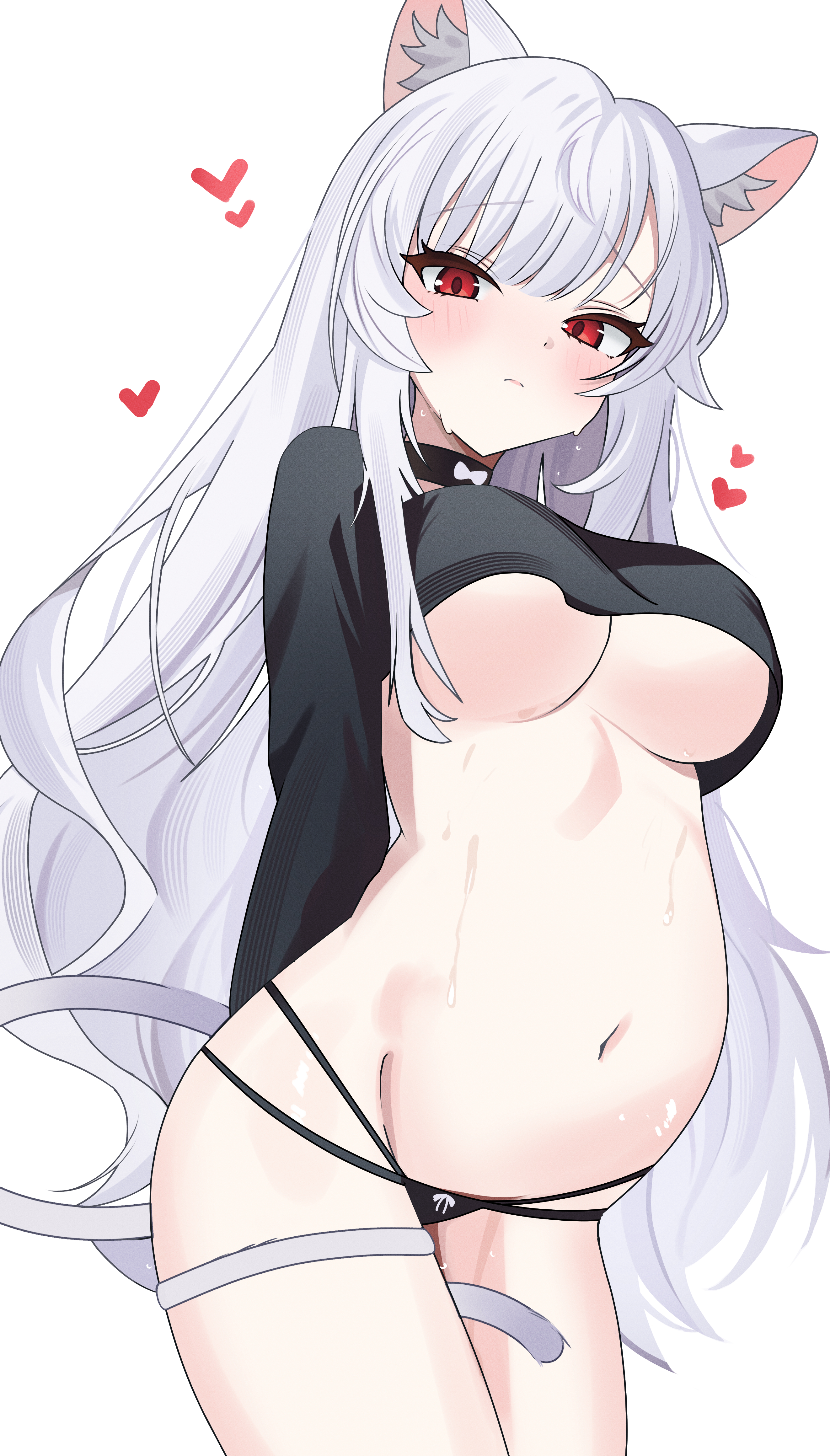 kanimiso30601, original, absurdres, commission, highres, pixiv commission, 1girl, animal ear fluff, animal ears, arms behind back, black choker, blush, breasts, cat ears, cat girl, cat tail, choker, cropped shirt, frown, heart, highleg, highleg panties, large breasts, long hair, long sleeves, looking at viewer, navel, panties, pregnant, red eyes, solo, stomach, sweat, swept bangs, tail, tail wrap, underboob, underwear, very long hair, white background, white hair