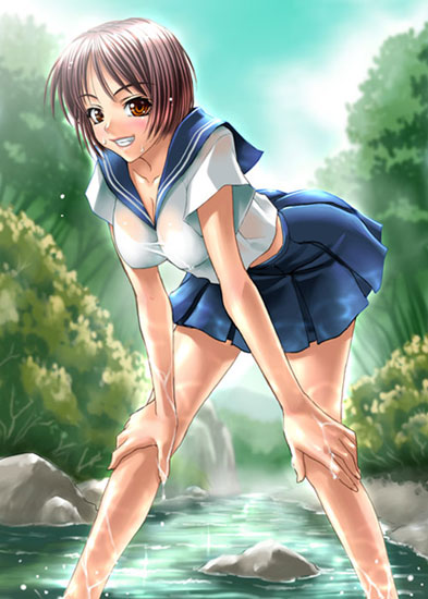 kagami hirotaka, original, 1girl, bra, breasts, cleavage, female focus, large breasts, leaning forward, lingerie, school uniform, see-through clothes, serafuku, short hair, solo, stream, tree, underwear, water, wet, wet clothes