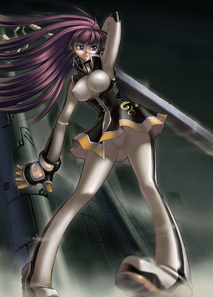kagami hirotaka, original, 1girl, blue eyes, breasts, covered erect nipples, female focus, gloves, large breasts, purple hair, solo, sword, weapon