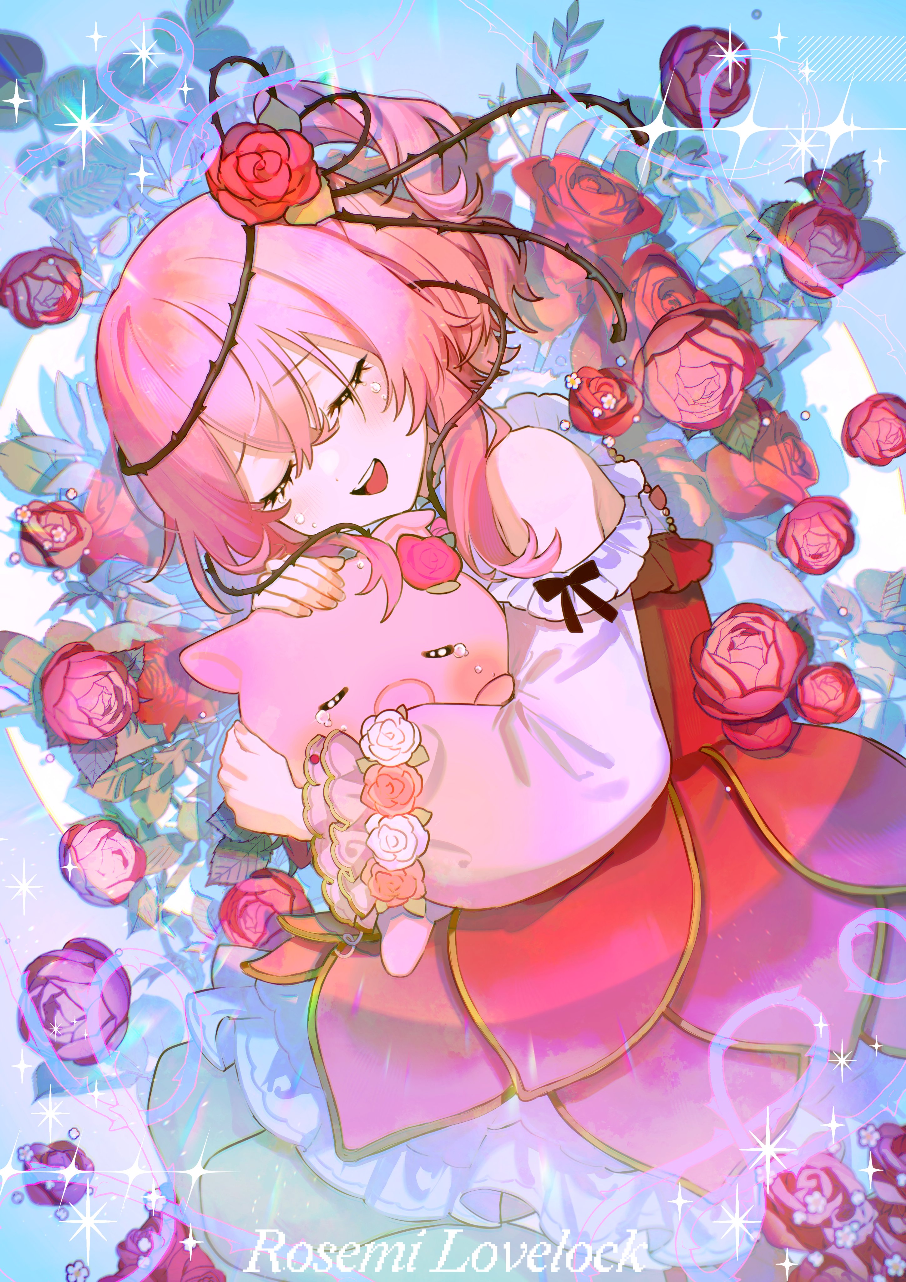 milkuriem, rosebud (rosemi lovelock), rosemi lovelock, nijisanji, nijisanji en, absurdres, highres, dress, flower, hair flower, hair ornament, leaf, open mouth, pig, pink hair, red dress, rose, short hair, tears, thorns, virtual youtuber