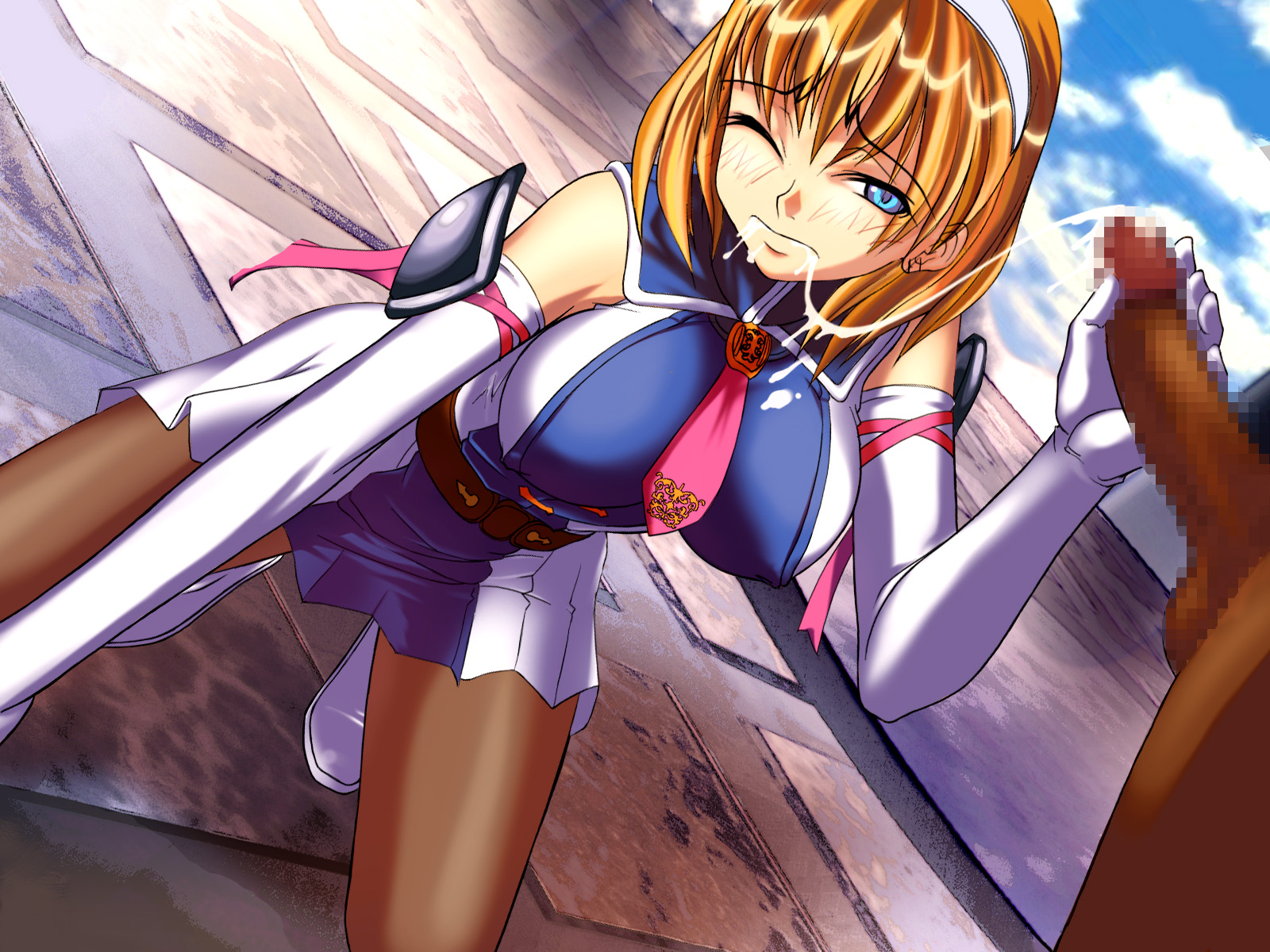 oogami yuuki, cassandra alexandra, soul calibur, soulcalibur, soulcalibur ii, highres, 1boy, 1girl, blonde hair, blue eyes, censored, cum, dark skin, fellatio, hairband, hetero, mosaic censoring, necktie, one eye closed, oral, pantyhose, penis, pink necktie, solo focus, wink