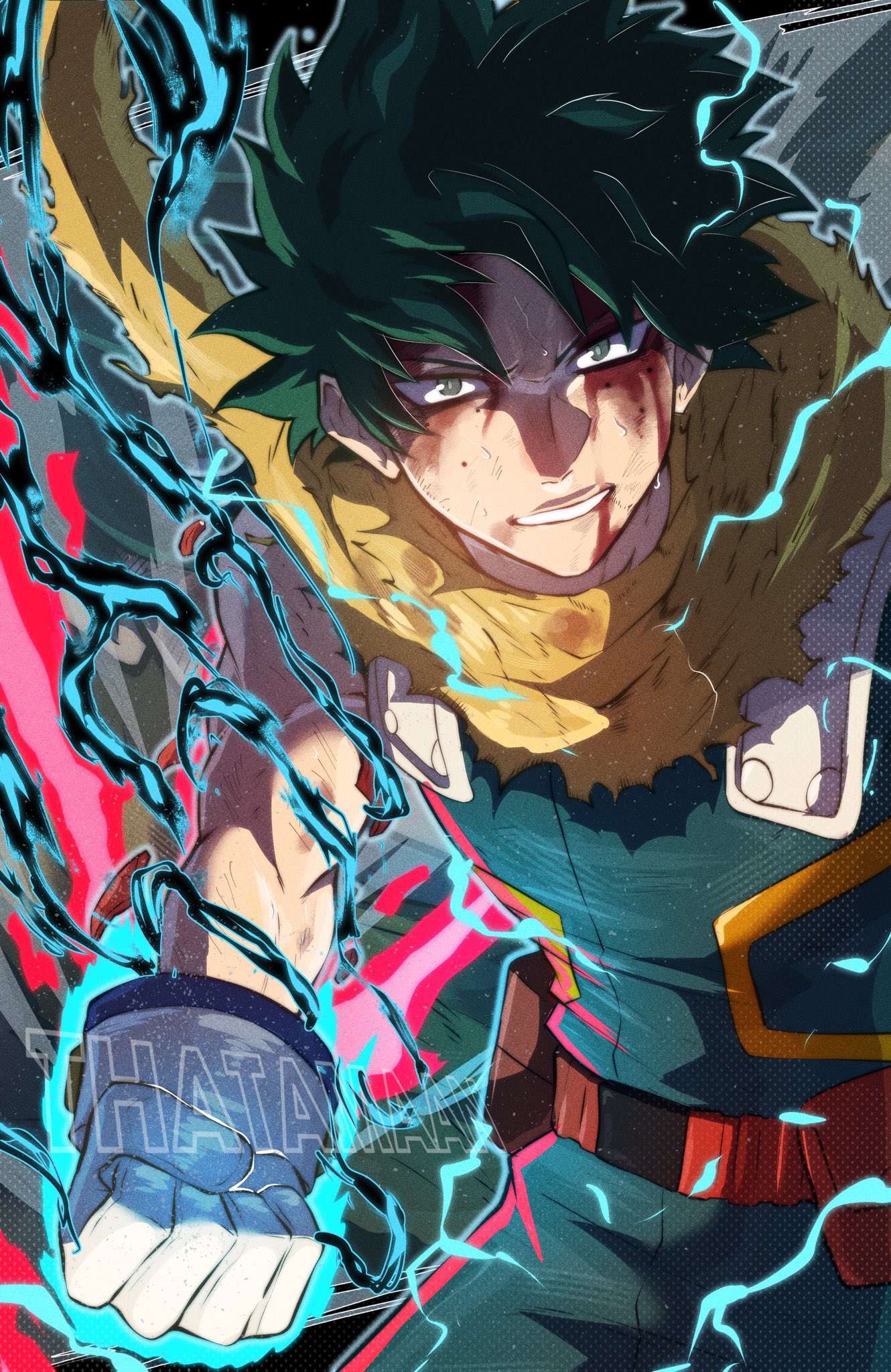 thatamaan, midoriya izuku, boku no hero academia, highres, 1boy, blood, blood on face, bodysuit, cowboy shot, electricity, gloves, green bodysuit, green hair, male focus, short hair, solo, white gloves