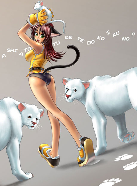 kagami hirotaka, original, 1girl, animal ears, breasts, cat, cat ears, cat tail, female focus, green eyes, panties, sideboob, solo, tail, underwear