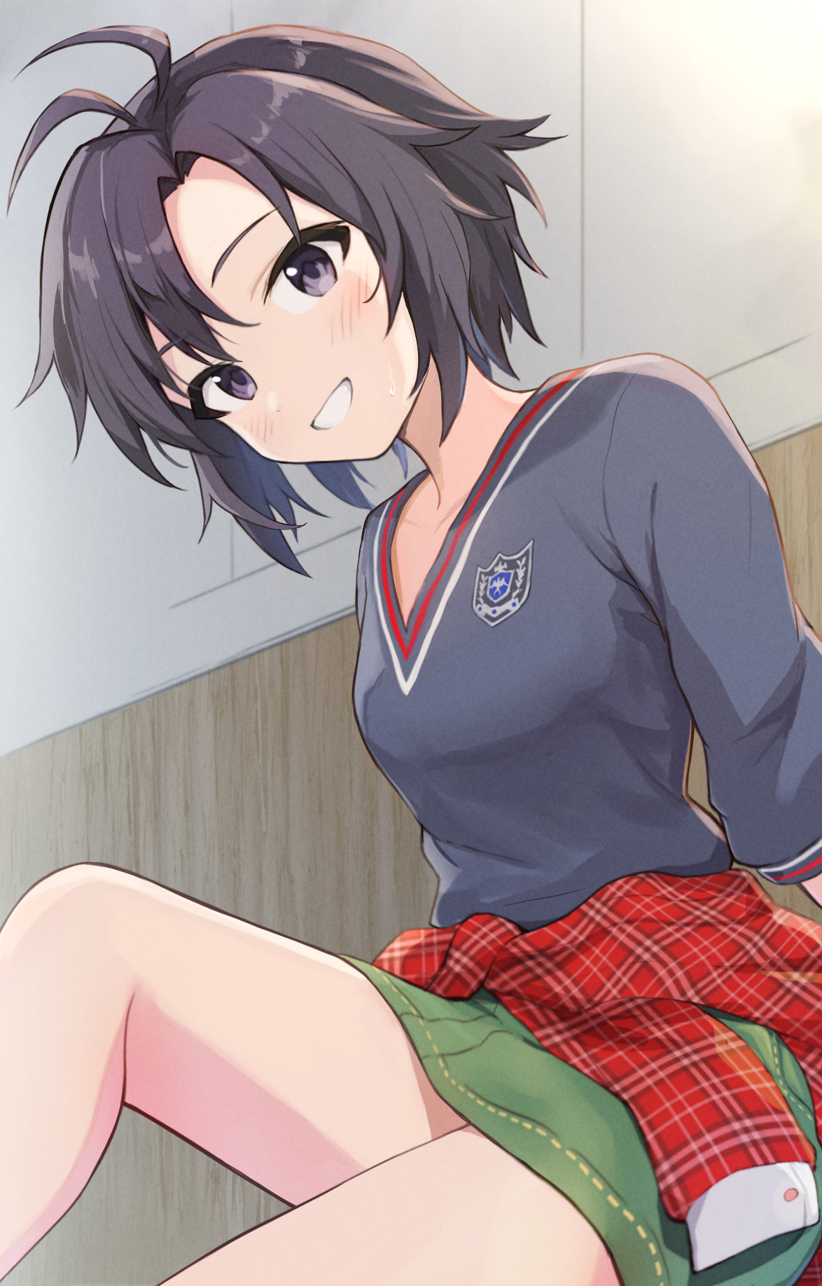 shuucream (syuichi), kikuchi makoto, idolmaster, idolmaster (classic), highres, 1girl, antenna hair, black eyes, black hair, black shirt, clothes around waist, green skirt, grin, indoors, looking at viewer, plaid clothes, plaid sweater, shirt, short hair, sitting, skirt, smile, solo, sweater, sweater around waist, v-neck