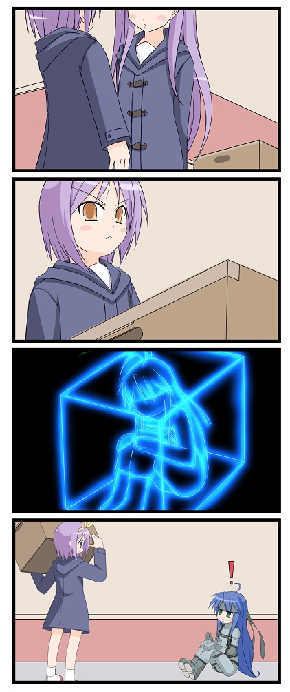 amamiya minato, hiiragi kagami, hiiragi tsukasa, izumi konata, solid snake, lucky star, metal gear (series), metal gear solid, super smash bros., !, 3girls, 4koma, ahoge, blue hair, blush, bow, box, cardboard box, coat, comic, cosplay, crossover, frown, green eyes, hair bow, in box, in container, long hair, multiple girls, parody, purple hair, school uniform, serafuku, short hair, silent comic, sisters, solid snake (cosplay), tareme, twins, twintails, very long hair, yellow eyes