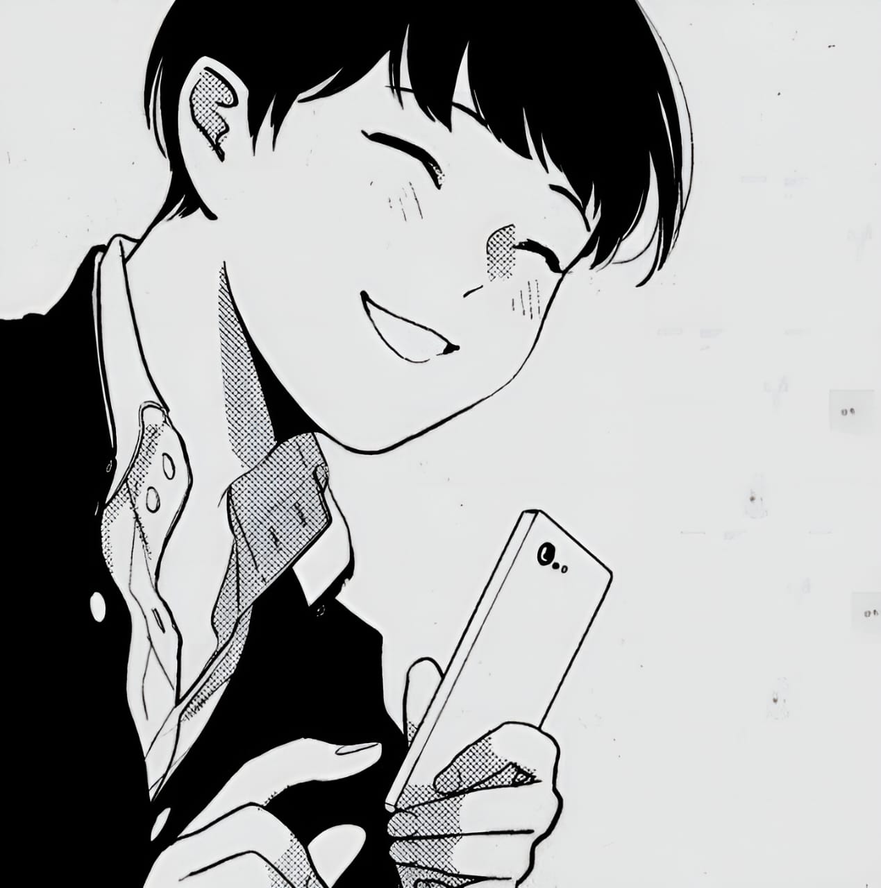 derivative work, 1boy, black hair, blush, comic panel redraw, happy, looking at viewer, male focus, niichan (manga), school uniform, short hair, smiley face, solo, teeth, white background, yui (niichan)
