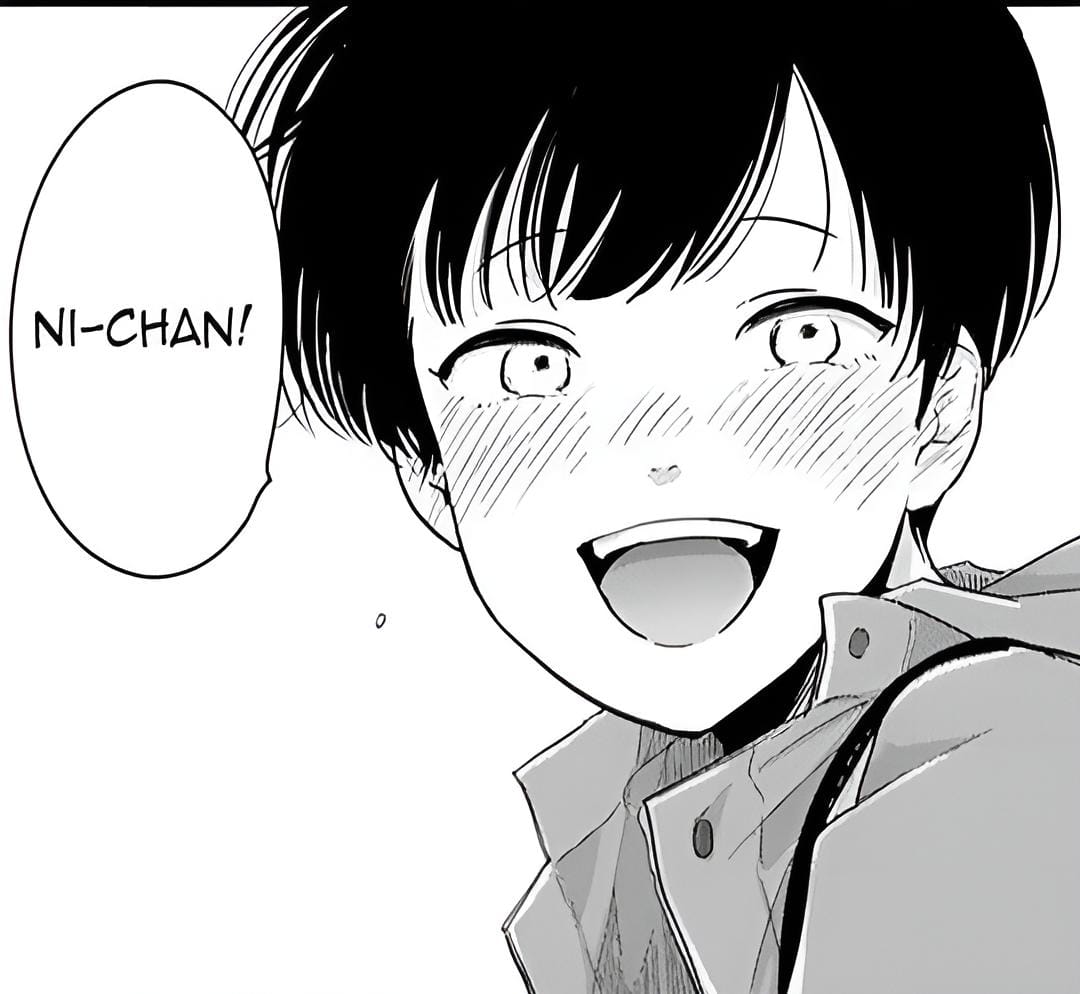 derivative work, 1boy, black hair, blush, comic panel redraw, happy, looking at viewer, male focus, niichan (manga), short hair, smiley face, solo, teeth, white background, yui (niichan)