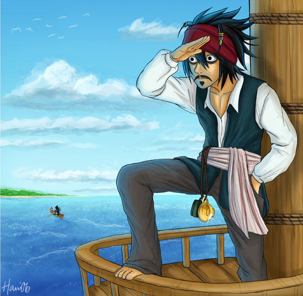 hani7, jack sparrow, l (death note), ryuk, death note, disney, pirates of the caribbean, 2boys, bags under eyes, barefoot, boat, cloud, cosplay, crossover, day, facial hair, goatee, hani06, headband, jack sparrow (cosplay), male focus, multiple boys, mustache, ocean, parody, pirate, signature, sky, watercraft